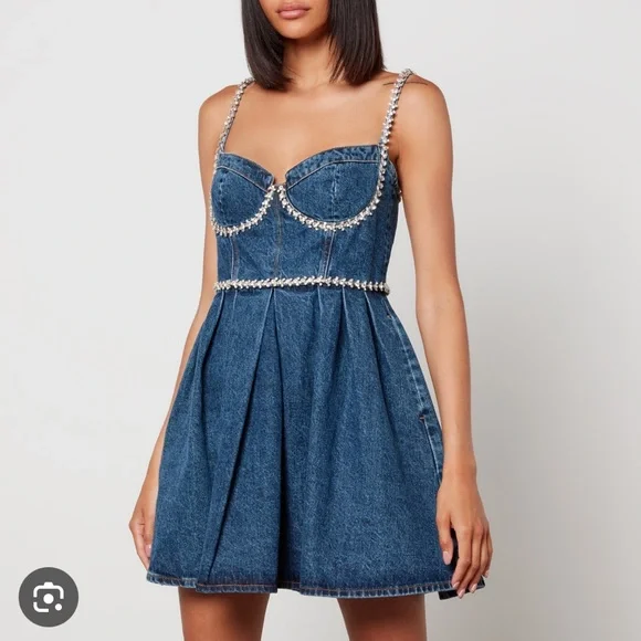 Self Portrait Crystal Diamante Embellished Denim Mini Dress - Picture 1 of 8